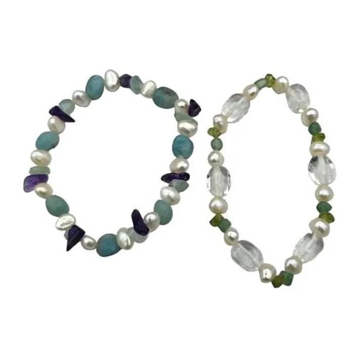 Set van 2 Edelsteen Armbandjes – Bergkristal & Amazoniet met Parel | Elastisch