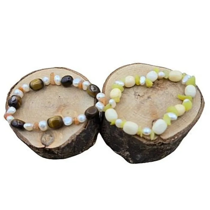 Set van 2 Edelsteen Armbandjes – Geel Calciet & Tijgeroog met Parel