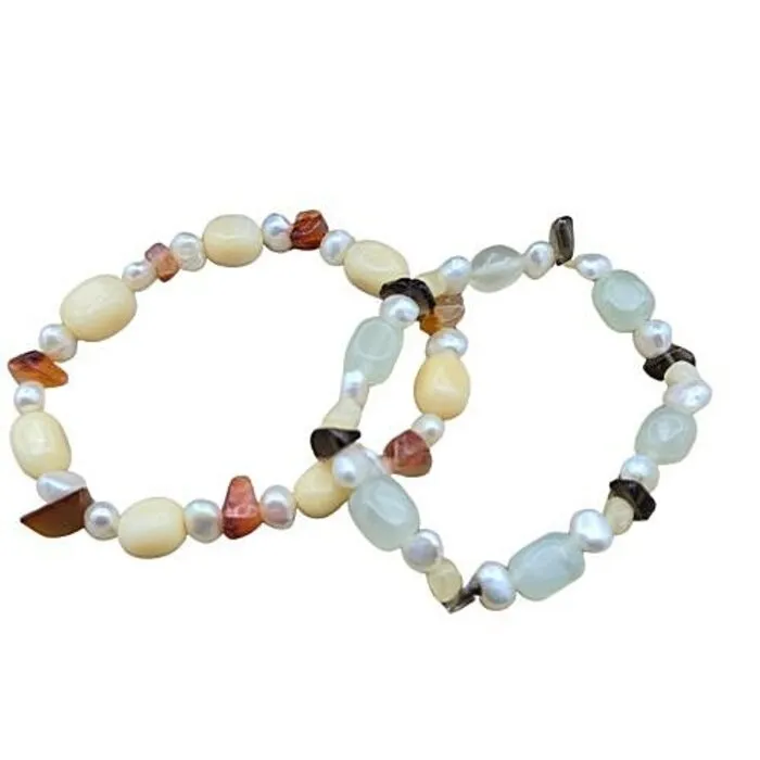 Set van 2 Edelsteen Armbandjes – Calciet & Rookkwarts met Parel | Elastisch
