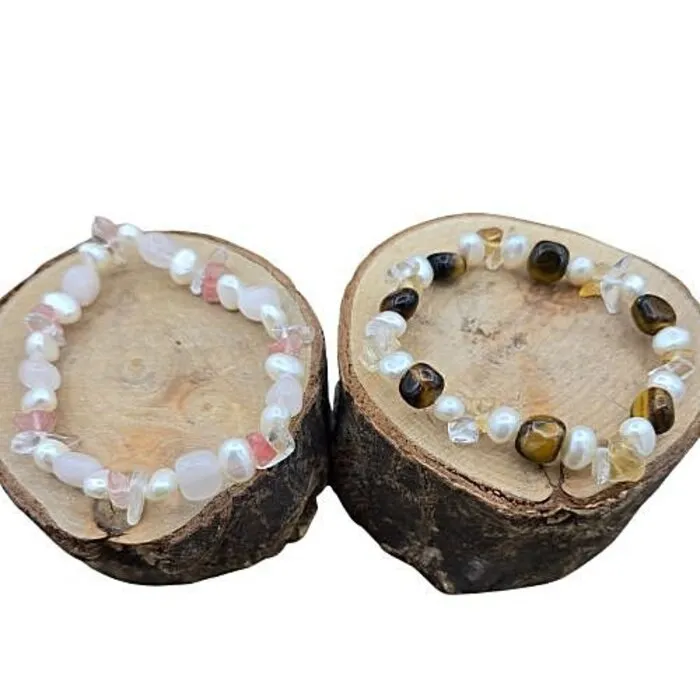 Set van 2 Edelsteen Armbandjes – Tijgeroog & Rozenkwarts met Parel | Elastisch