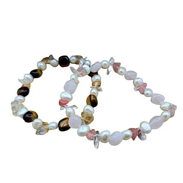 Set van 2 Edelsteen Armbandjes – Tijgeroog & Rozenkwarts met Parel | Elastisch