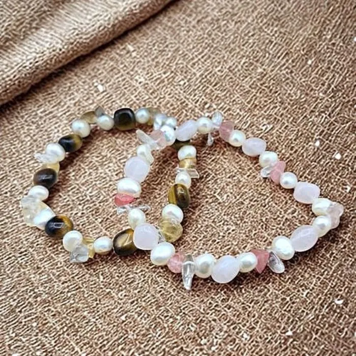 Set van 2 Edelsteen Armbandjes – Tijgeroog & Rozenkwarts met Parel | Elastisch