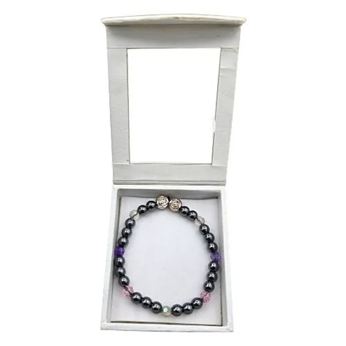 Hematiet Armband 6 mm met Roze & Paarse Facetkralen – Elastisch 19 cm