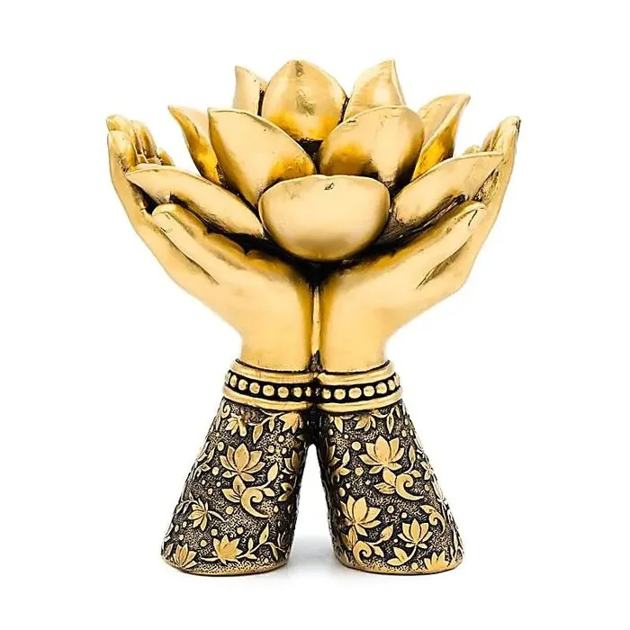 Lotus Theelichthouder met Handen Goudkleurig