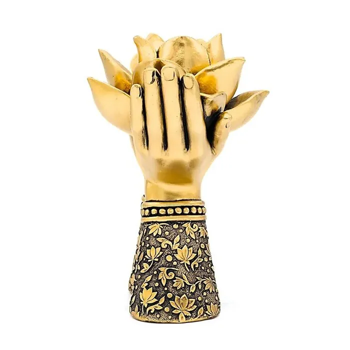 Theelichthouder Lotus handen staand goudkleurig