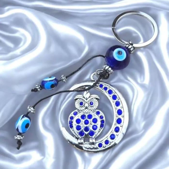 Blauwe Boze Oog Sleutelhanger Uil op Maan