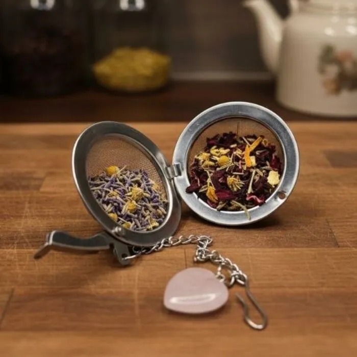 Thee-ei met Rozenkwarts Hartje – Edelsteen Theezeef 5 cm