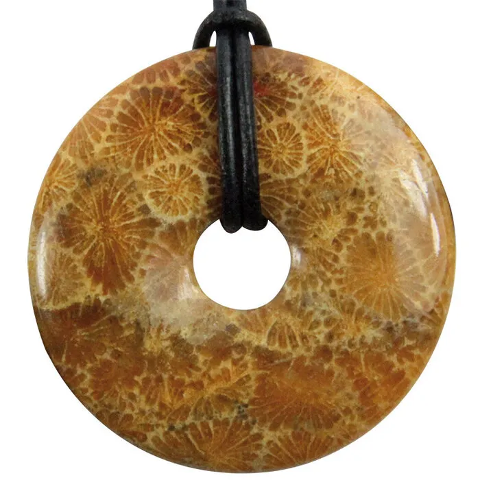 Gefossiliseerd Koraal Donut 4 cm ✨ Edelsteen Hanger met Zwart Koord