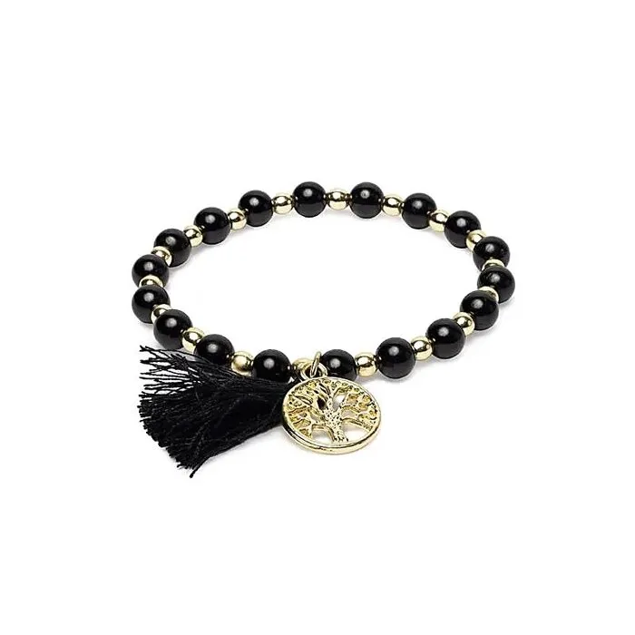 Armband zwarte toermalijn & hematiet met Levensboom en kwastje