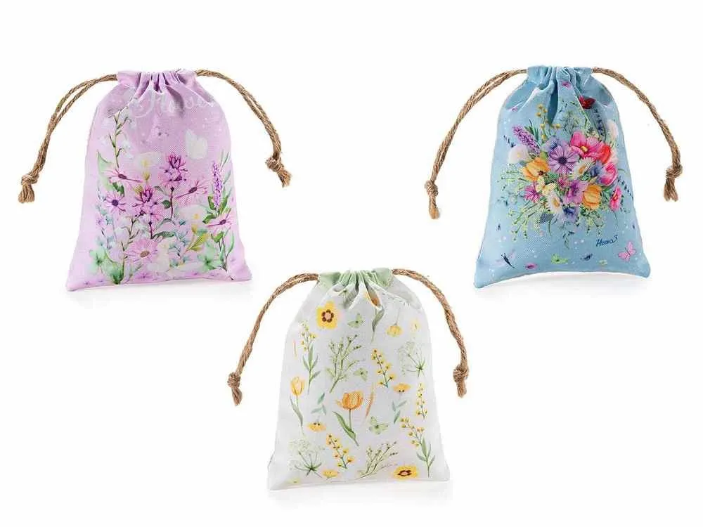 3x Stoffen zakje met bloemenprint en trekkoord