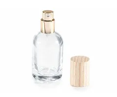 Glazen flesje van 30 ml met spraydop en houten dop