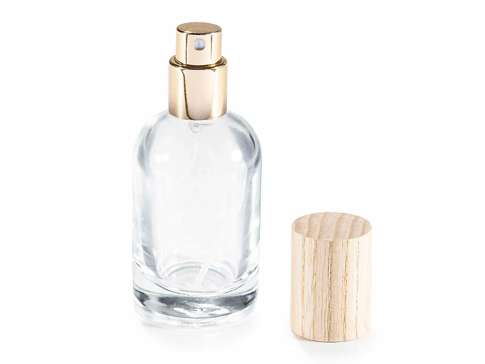 Glazen flesje van 30 ml met spraydop en houten dop