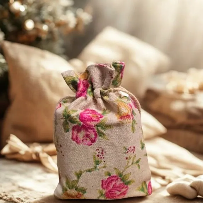 Cadeau Buideltje Rozen – Stoffen Zakje met Trekkoord – 14 cm