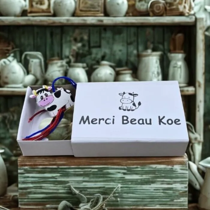 Wensdoosje “Merci Beau Koe” met Houten Gelukshangertje Koe