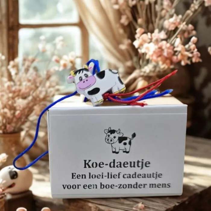 “Koe-daeutje” Wensdoosje met Houten Koe Gelukshangertje