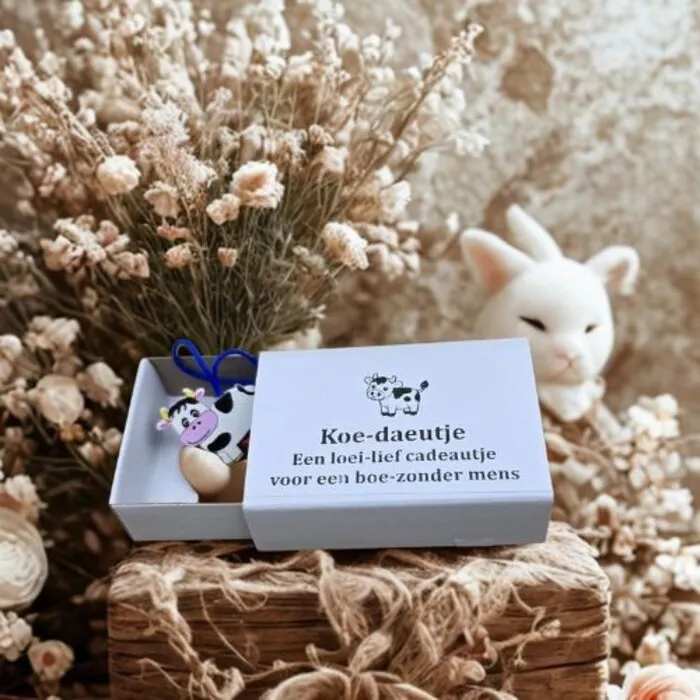 “Koe-daeutje” Wensdoosje met Houten Koe Gelukshangertje