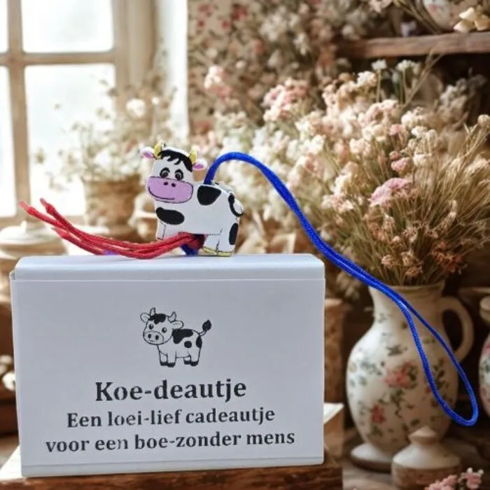 Koe-deautje - Wensdoosje met Houten Koe Gelukshangertje