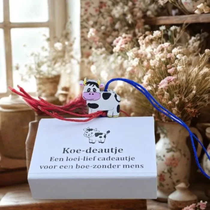 Koe-deautje - Wensdoosje met Houten Koe Gelukshangertje