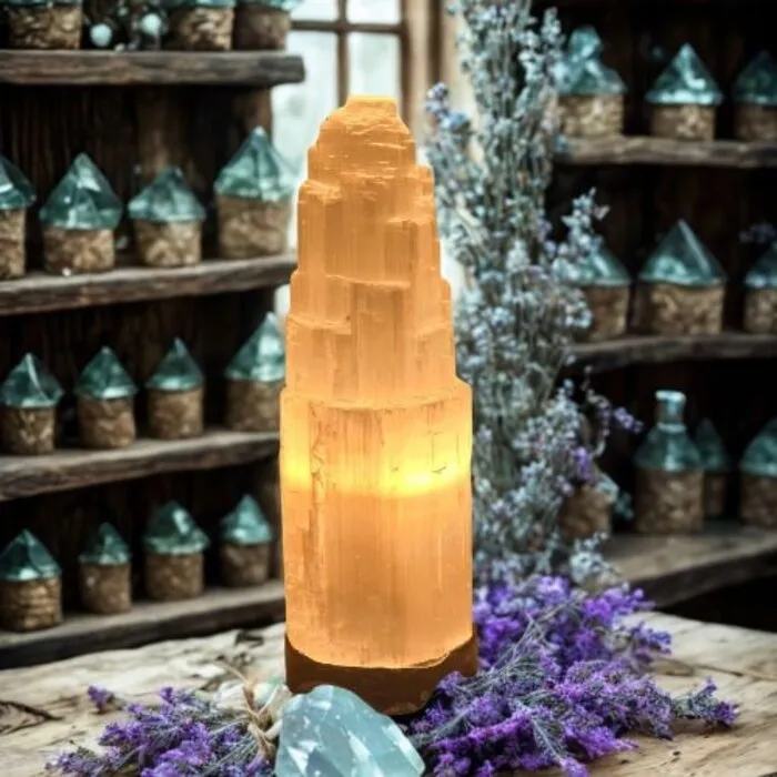 Seleniet IJsberg Lamp 25 cm op Orthoceras Fossielvoet – Inclusief CE Verlichting