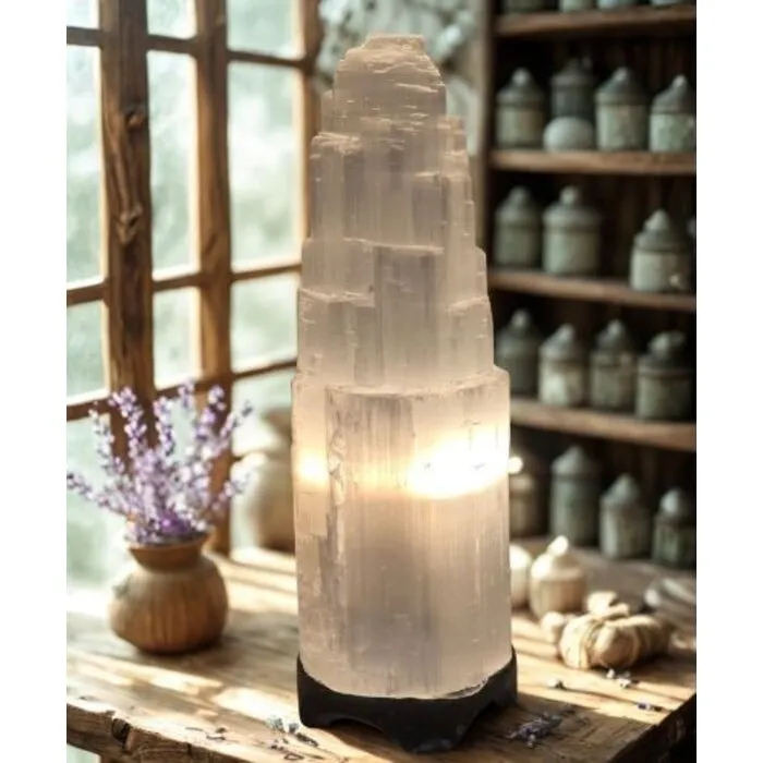 Seleniet IJsberg Lamp 25 cm op Orthoceras Fossielvoet – Inclusief CE Verlichting
