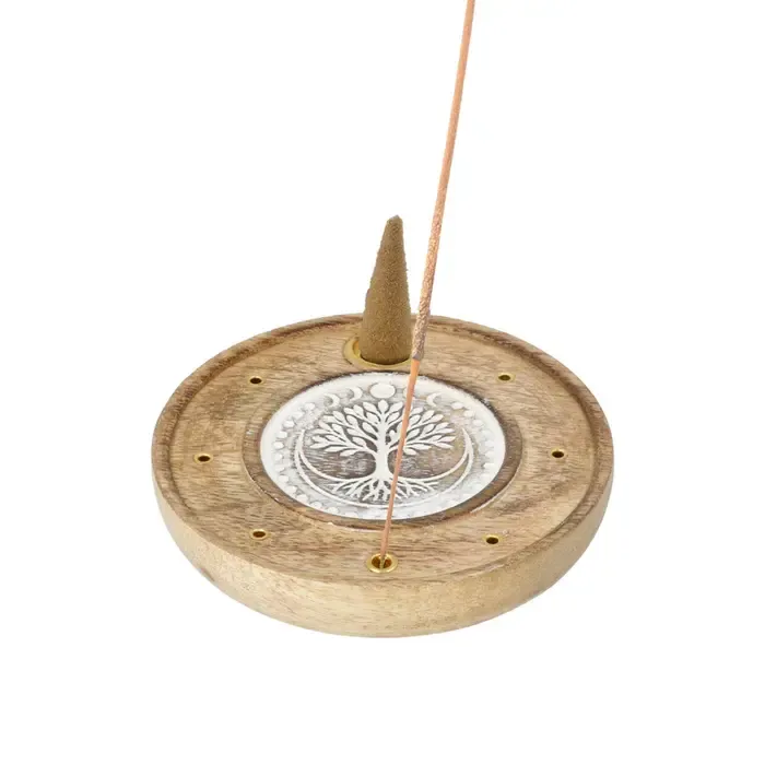 Ronde Wierookhouder Levensboom Mangohout | Houten Wierookhouder