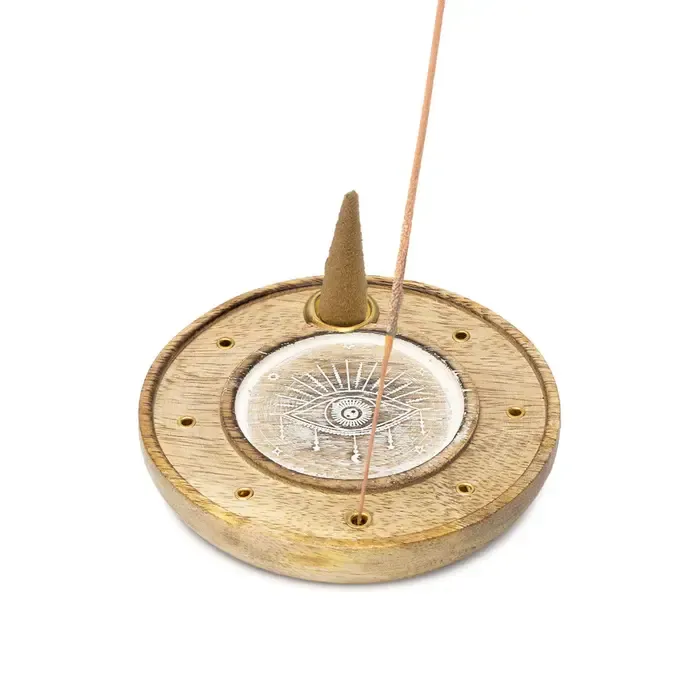 Ronde Wierookhouder Alziend Oog Mangohout Whitewash