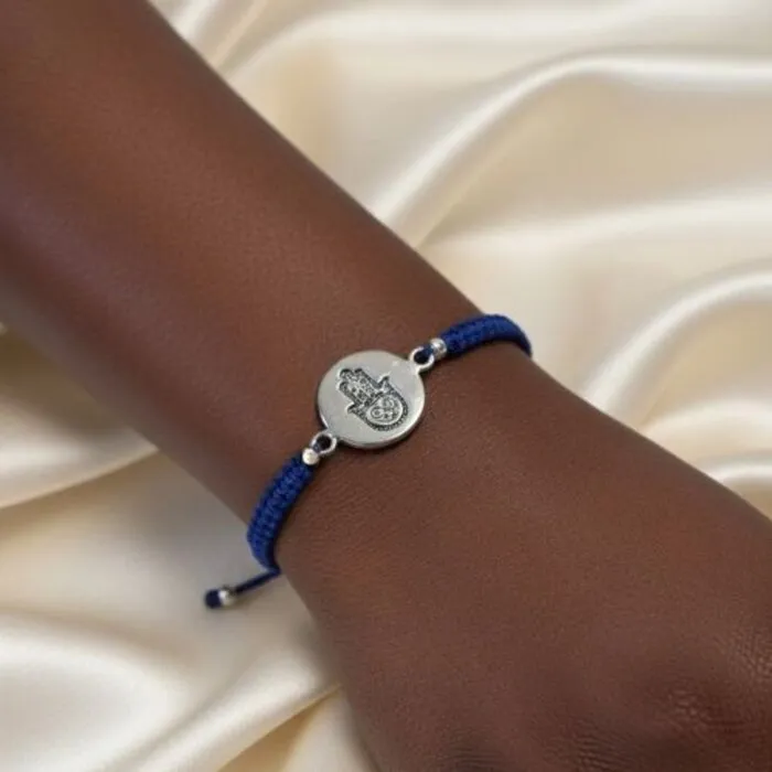 Armband blauw met hand van Fatima zilver