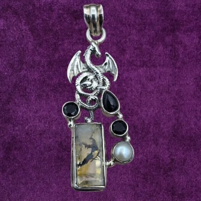 925 Zilveren Draak Hanger met Parel, Onyx en Dendritische Agaat