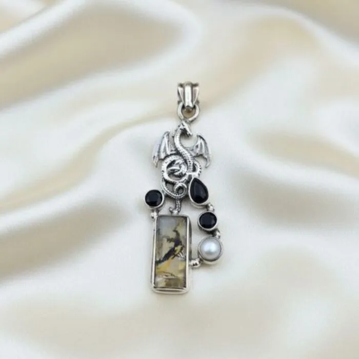 925 Zilveren Draak Hanger met Parel, Onyx en Dendritische Agaat