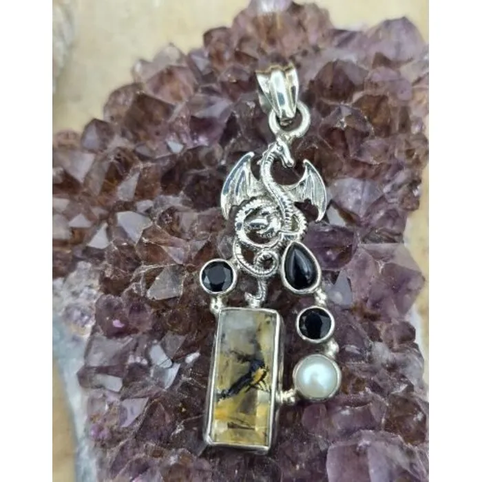 925 Zilveren Draak Hanger met Parel, Onyx en Dendritische Agaat