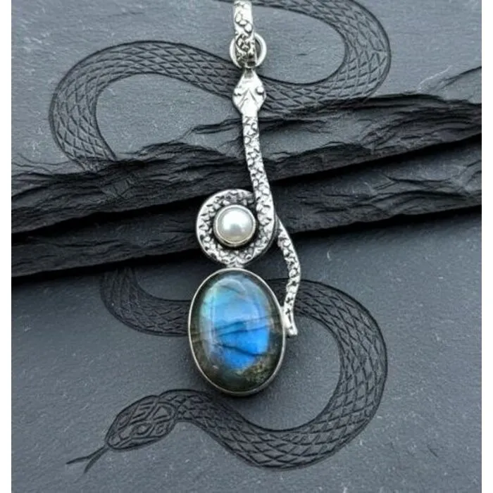 Zilveren Slang Hanger met Labradoriet en Parel – 925 Sterling Zilver