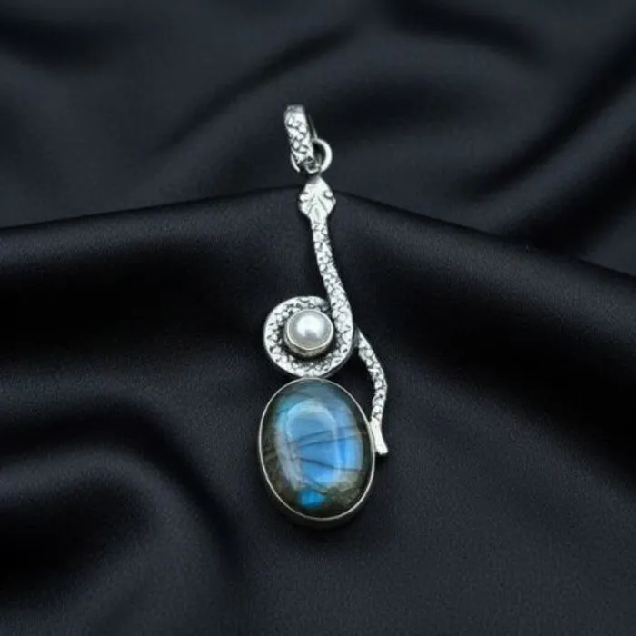 Zilveren Slang Hanger met Labradoriet en Parel – 925 Sterling Zilver