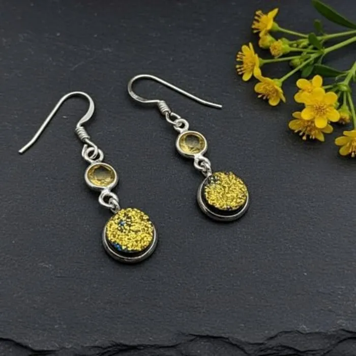 Zilveren Oorbellen met Druzy Kristal en Citrien – 925 Sterling Zilver