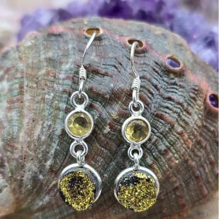 Zilveren Oorbellen met Druzy Kristal en Citrien – 925 Sterling Zilver