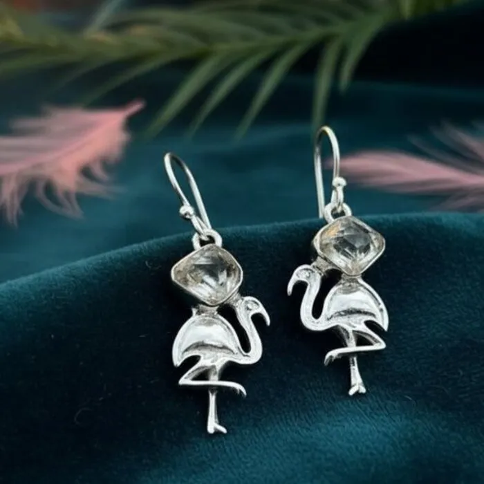 Zilveren Flamingo Oorbellen met Herkimer Diamant