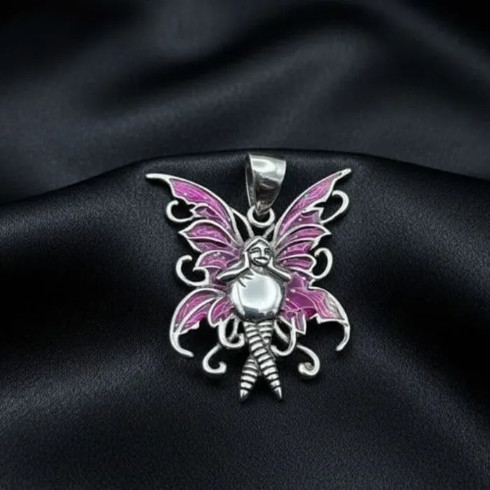 Sterling Zilveren Elfje met Roze Vleugels 40 x 35 mm