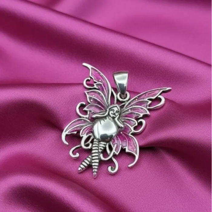 Sterling Zilveren Elfje met Roze Vleugels 40 x 35 mm