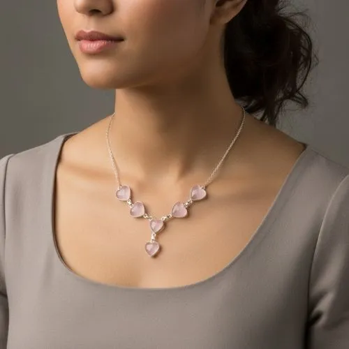 Collier zilver met Rozekwarts hartjes