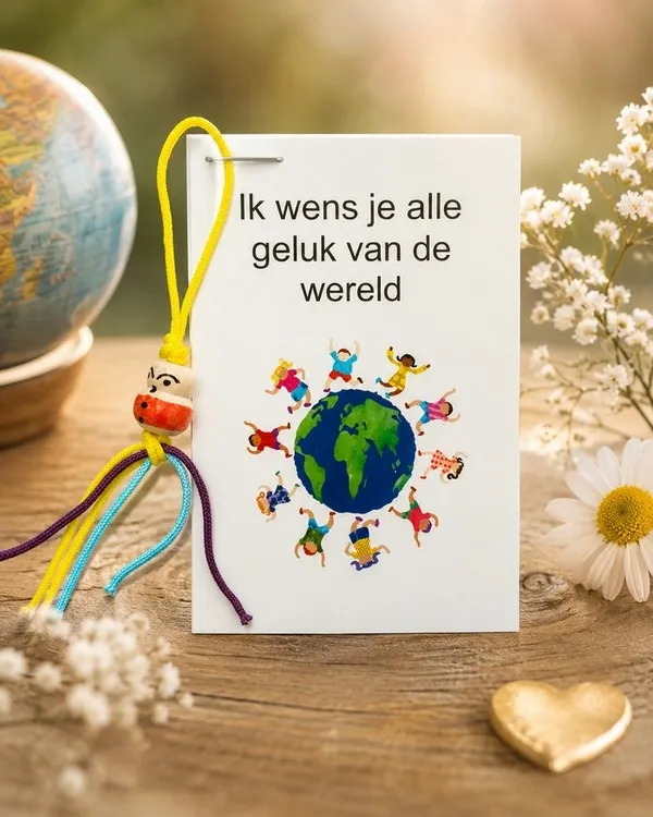 Kaartje met gelukspoppetje -  wens je alle geluk van de wereld