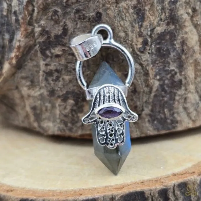 Hangerzilver dubbeleinder Labradoriet met hand Fatima