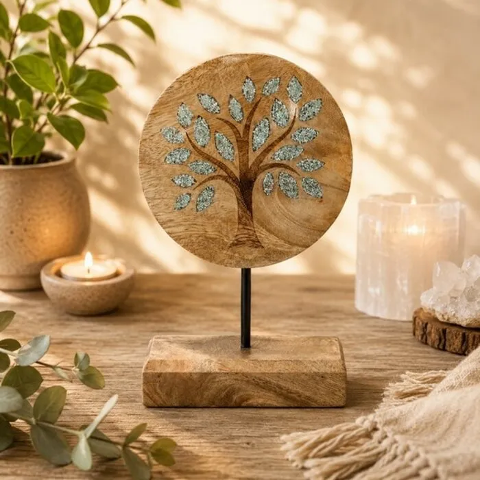 Deco Levensboom mangohout met groene aventurijn op voet