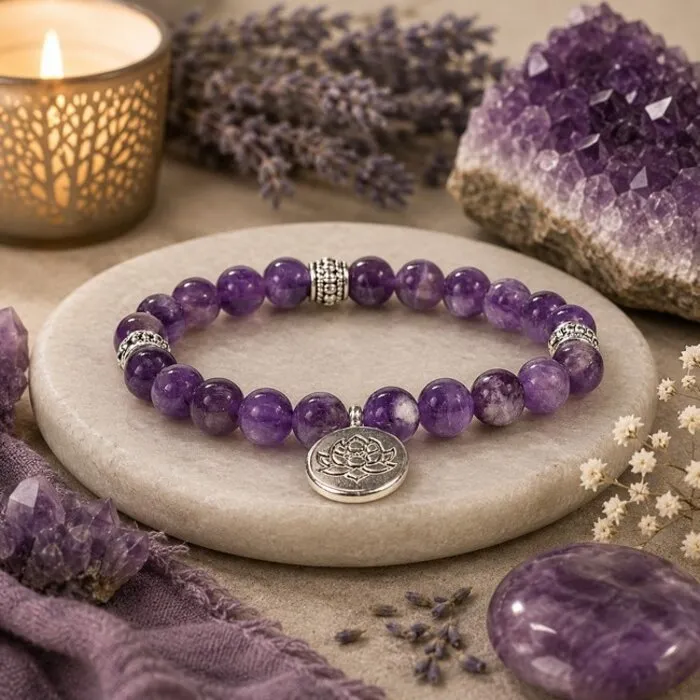 Mala/armband amethist elastisch met lotus