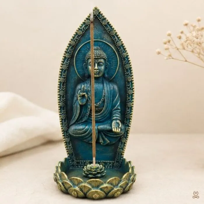 Boeddha Wierookhouder Zittend Blauw-Groen 23 cm | Polyresin