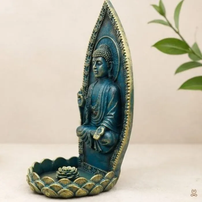Boeddha Wierookhouder Zittend Blauw-Groen 23 cm | Polyresin