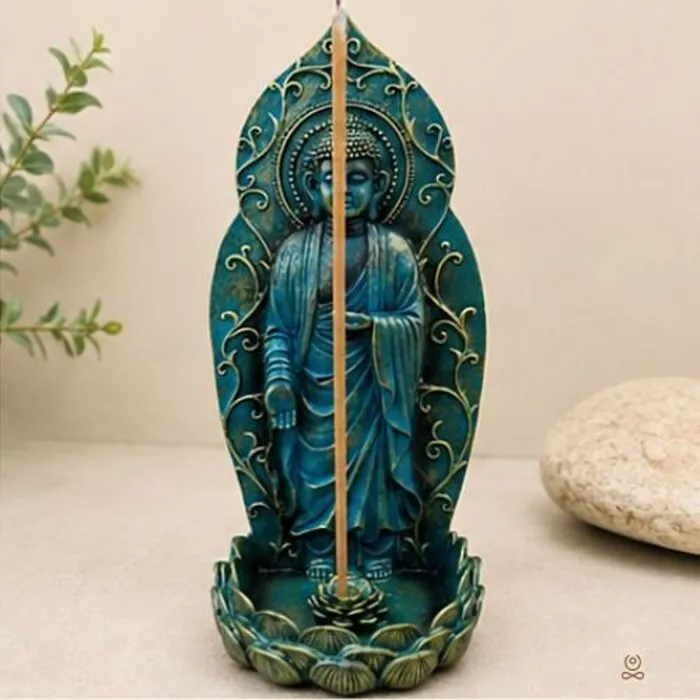 Boeddha Wierookhouder Staand Blauw-Groen 23 cm | Polyresin
