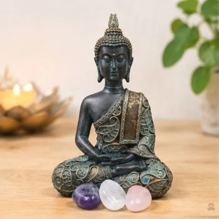 Boeddha beeld meditatie met turquoise patina – Polyresin – 15 cm