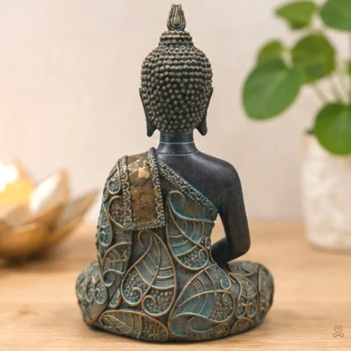 Boeddha beeld meditatie met turquoise patina – Polyresin – 15 cm