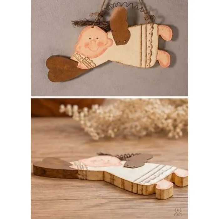 Engeltje Hout met Metalen Vleugels en Hartje - 20 x 10 cm