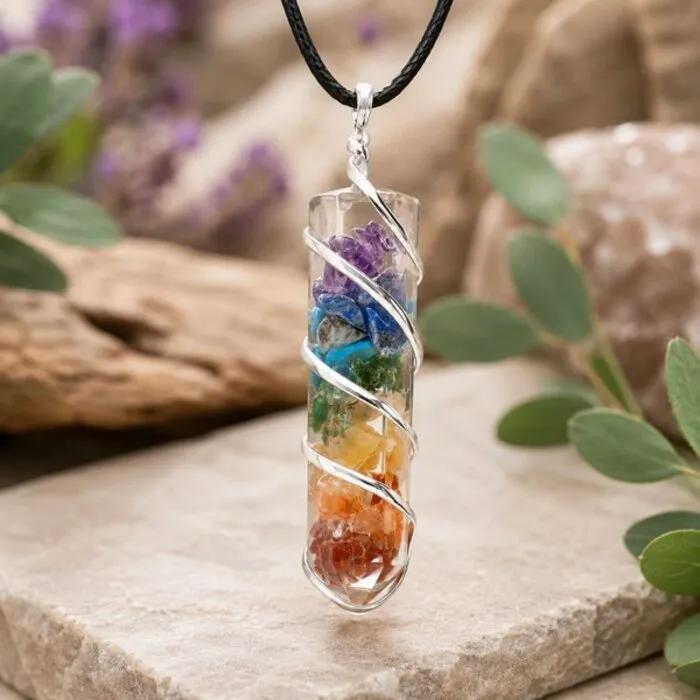 Chakra-hanger met hars en spiraal, verzilverd met veterketting