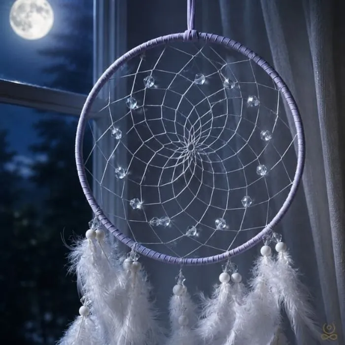 Dromenvanger licht lila met kristalkraaltjes en witte veren – 60 cm